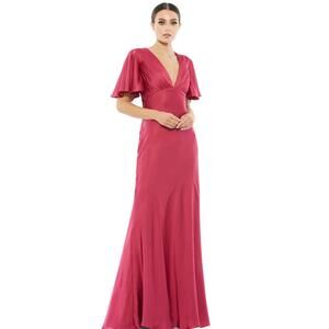NWT Mac Duggal Raspberry Color Low V-neck Satin Short Sleeve Gown Size 14
